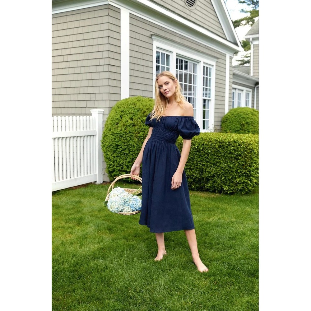 Everyone Loves The Weekend Positano Dress Midi Navy Linen Off the Shoulder Large